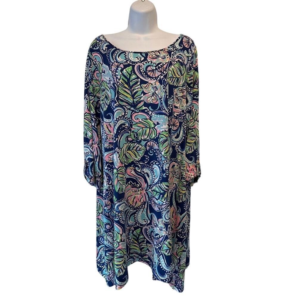 Lilly Pulitzer Edna Dress Hanging with Fronds 3/4 Sleeve Trapeze Swing  XL VGUC